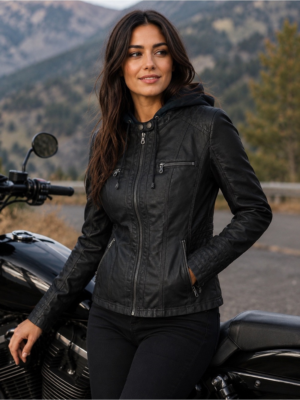 Lock & Love Black Vegen Leather Moto Jacket Detachable Hood - Size M